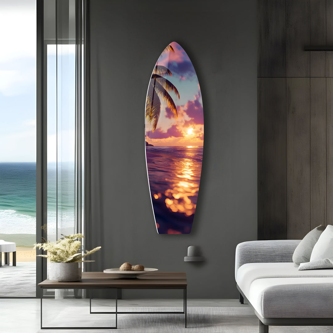 Sunset over crystal-clear waters with palm trees swaying, captured in this beautiful glass wall art to bring the tropics to life.
