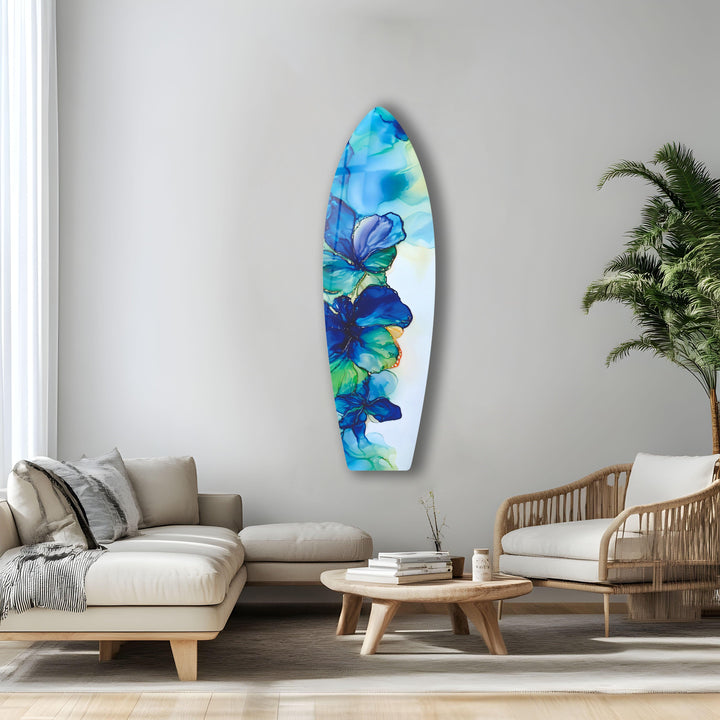 Blue Alcohol Ink Flower Surfboard Wall Art