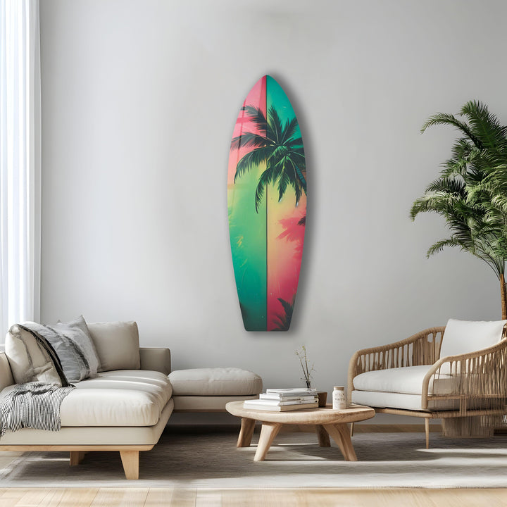 Green & Red Palm Leafs Surfboard Wall Art