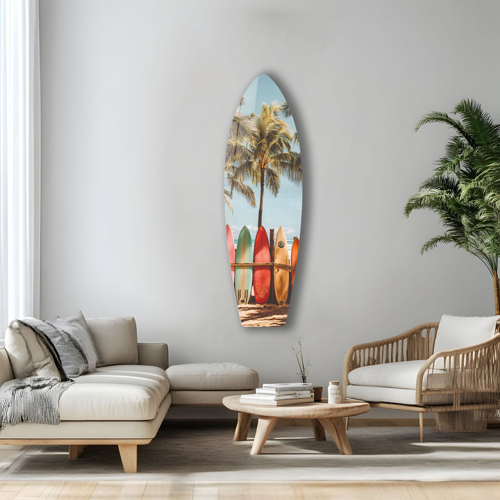 Tropical beach scene with surfboards, printed on high-quality tempered glass.
