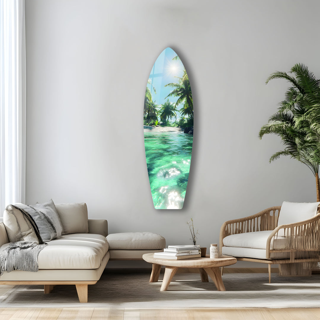 Relaxing tropical beach art with palm trees, crystal waters, and a vibrant sunlit atmosphere.
