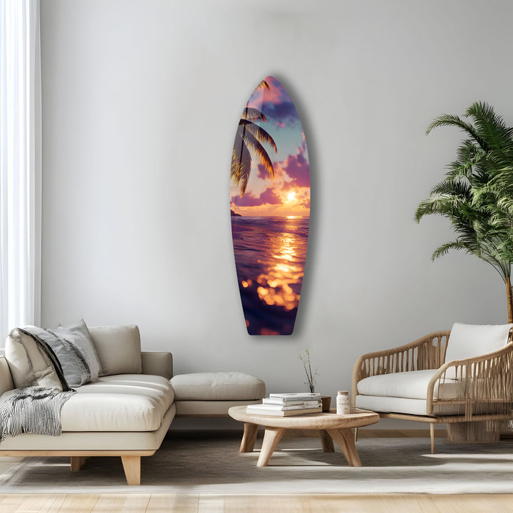 Gorgeous sunset view over the ocean, with silhouetted palm trees, captured in high-definition glass art for a serene vibe.
