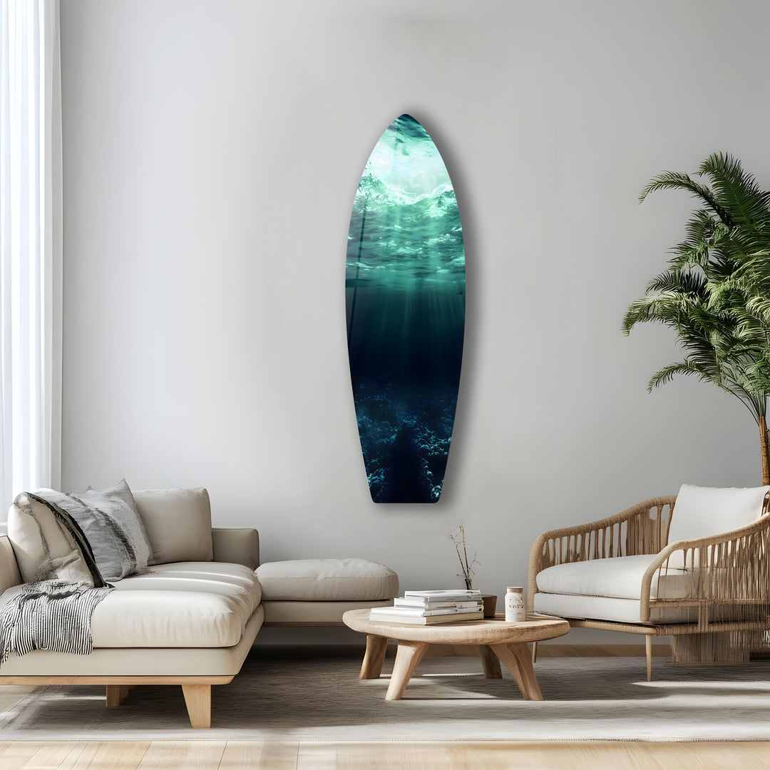 Breathtaking underwater scene with sunlight casting its glow over the ocean depths, captured in vibrant glass art.
