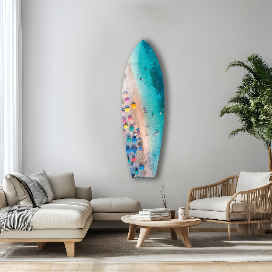 Blue Tropical Beach Surfboard Wall Art