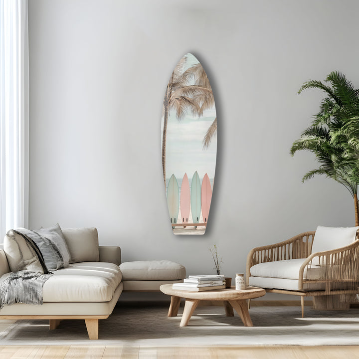 A soothing pastel beach scene with surfboards lined up, evoking the spirit of a tranquil ocean getaway.
