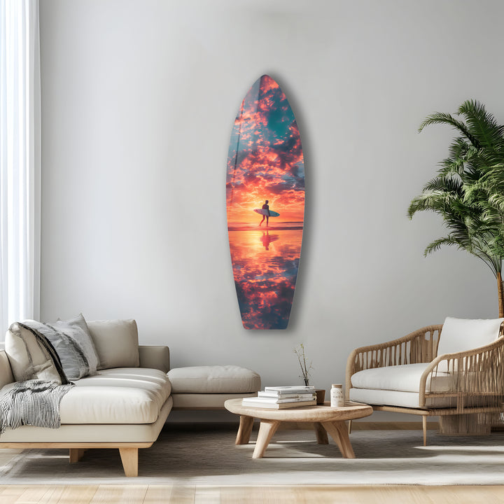 Surfer at sunset reflected in the ocean, a breathtaking moment frozen in glass art.
