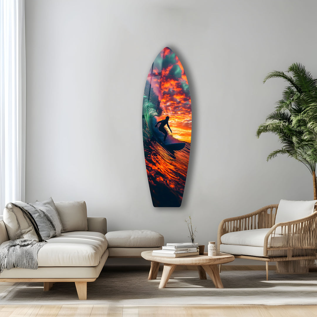 Action-packed sunset surf art on glass, with vivid colors and energy-filled motion.
