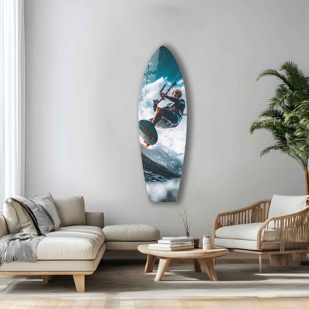 Kite surfer mid-action with crashing waves, printed on high-quality tempered glass.
