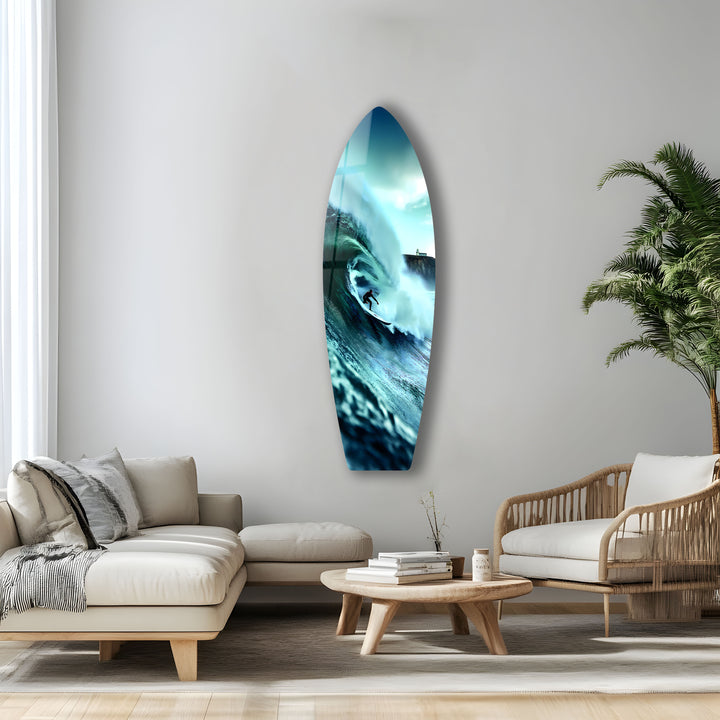 Surfer’s Wave Adventure: Glass wall art capturing the dynamic movement of surfing on a giant wave.
