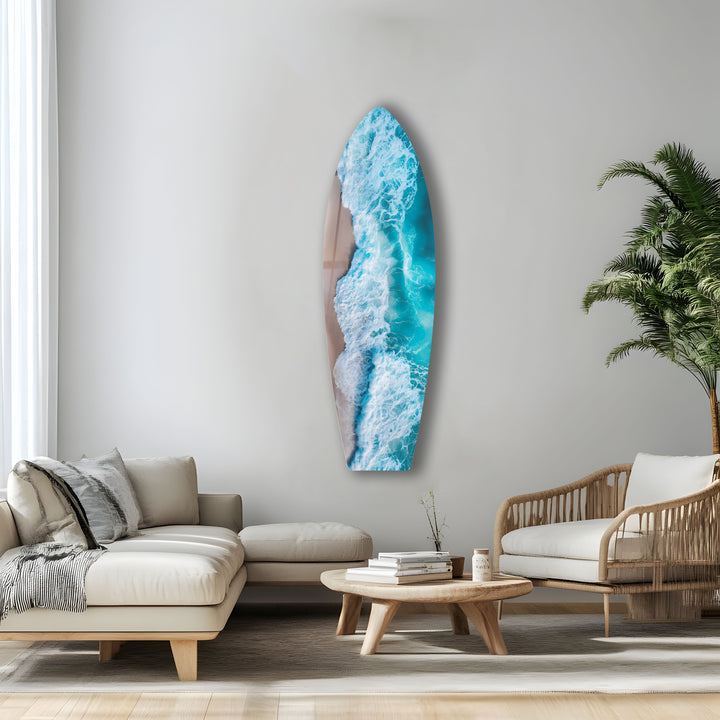 Vivid ocean waves artwork on glass, adding energy and tranquility to any room.
