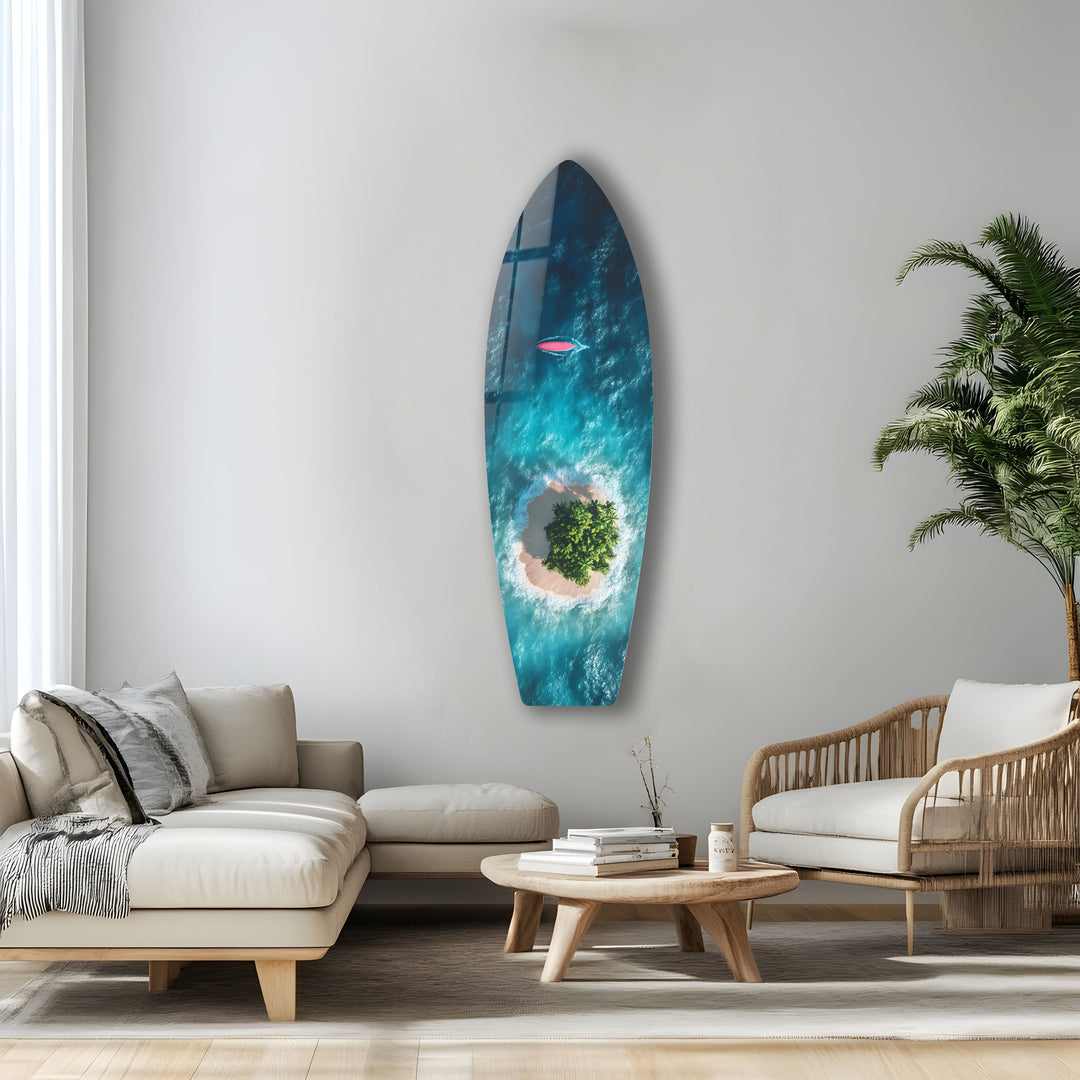 Crystal-clear aerial view of a tropical island, adding a peaceful vibe to any room.
