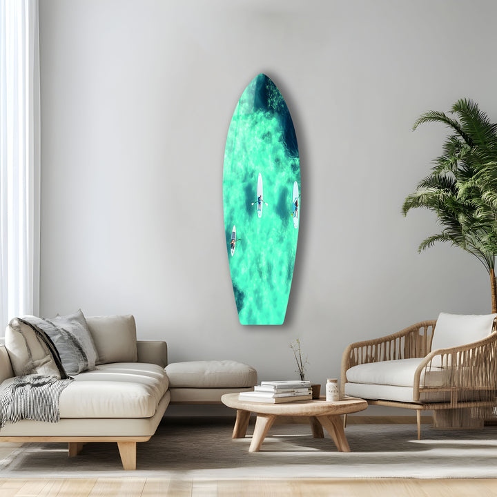 Paddleboard Serenity: Clear water and peaceful paddleboarding moments brought to life on beautiful glass wall art.
