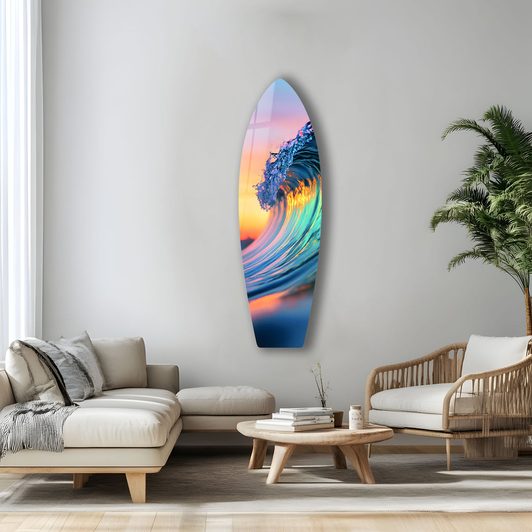 Colorful ocean wave art on glass, perfect for adding a lively touch to any beach-inspired room.
