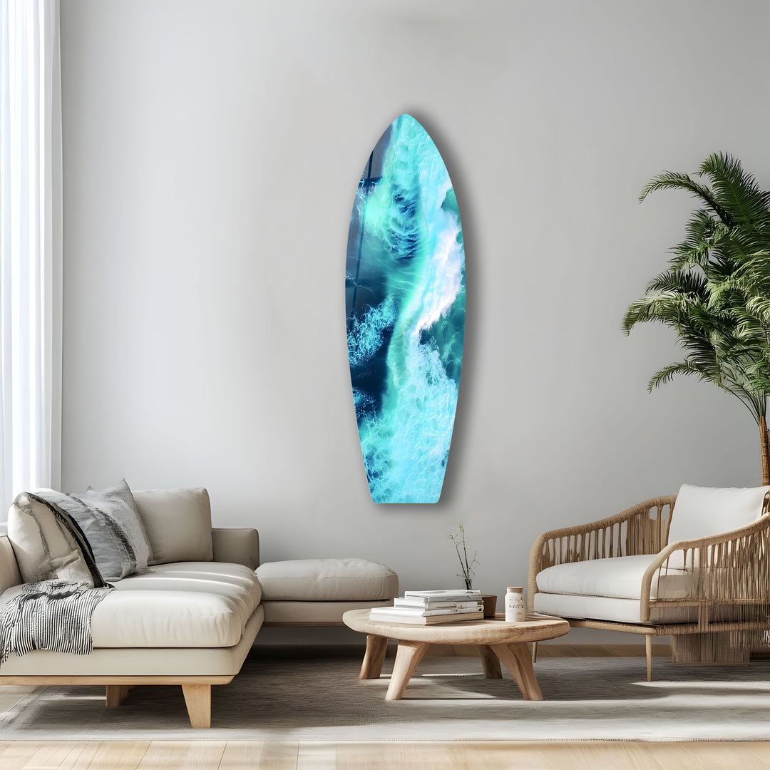 A captivating ocean scene, with waves in motion and crystal-clear waters, captured in glass art that creates a tranquil and vibrant space.
