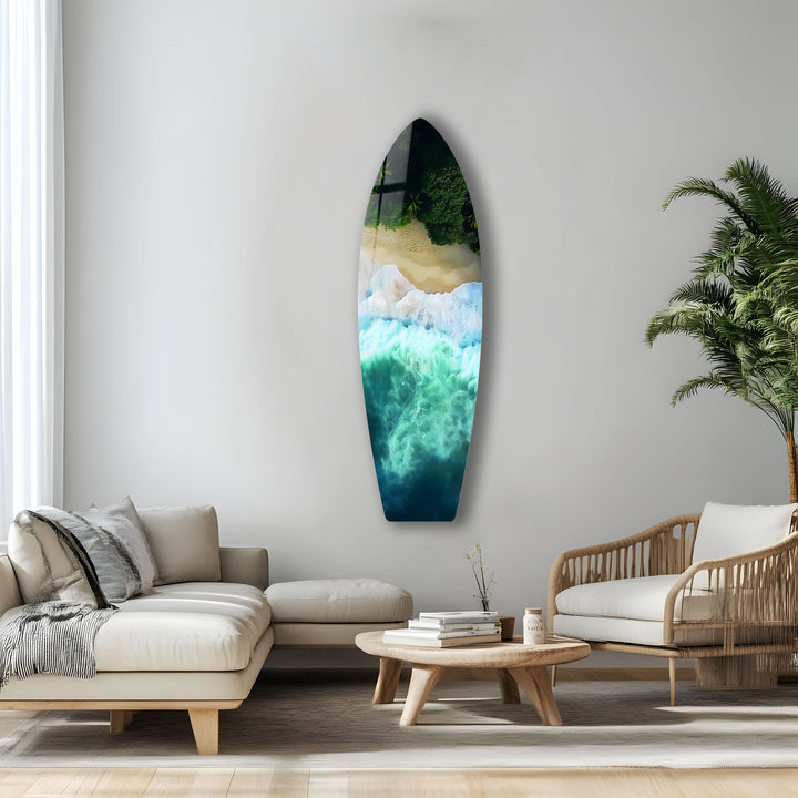 Captivating beach view with ocean waves and lush palm trees, printed on durable glass for a peaceful coastal touch.
