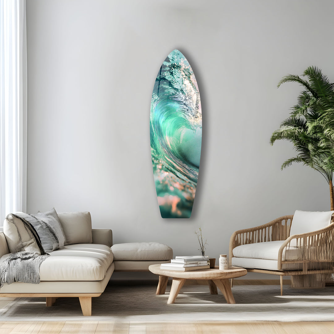 The energy of the ocean displayed in vibrant glass art, with a powerful and clear ocean wave.
