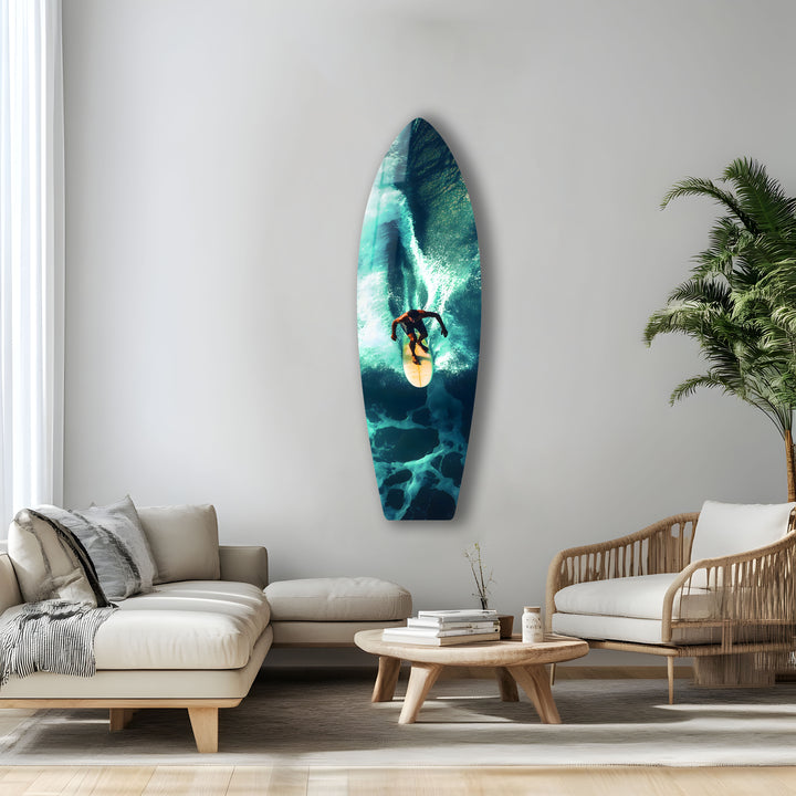 Surfer in motion, riding the waves with vivid ocean hues, displayed on durable glass.
