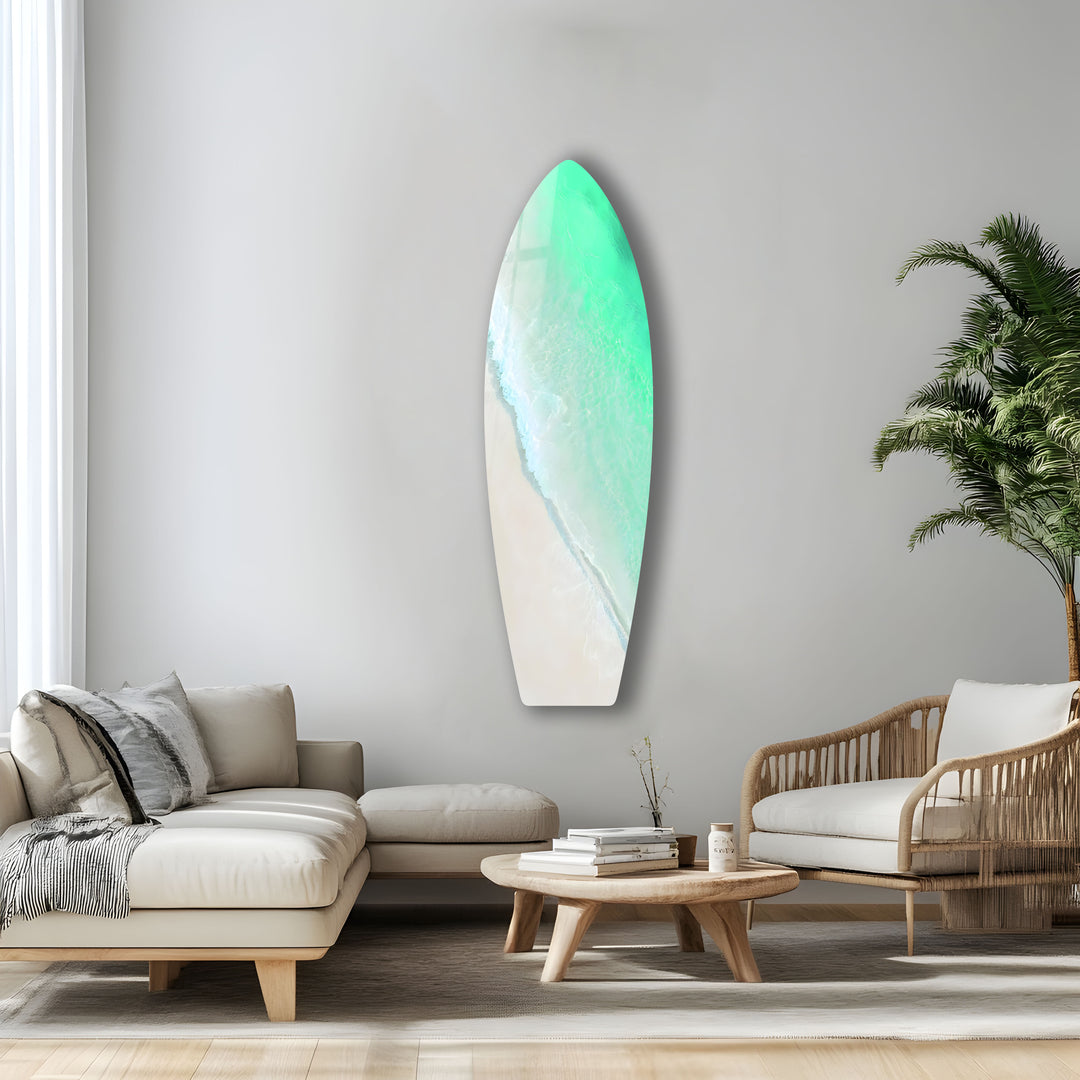 Peaceful beach vibes captured in glass, featuring clear ocean waters meeting the gentle shore.
