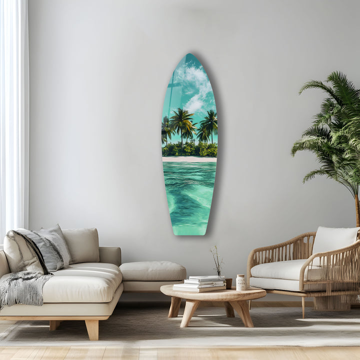 Crystal-clear waters and lush palm trees, captured in vivid glass wall art for a coastal feel.
