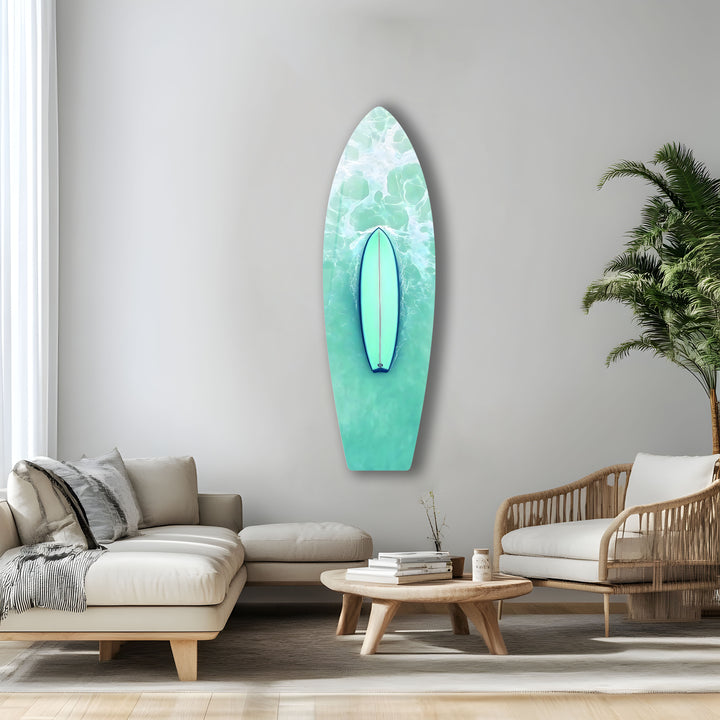 A dynamic paddleboarding scene in crystal-clear water, beautifully captured on glass for a modern coastal look.
