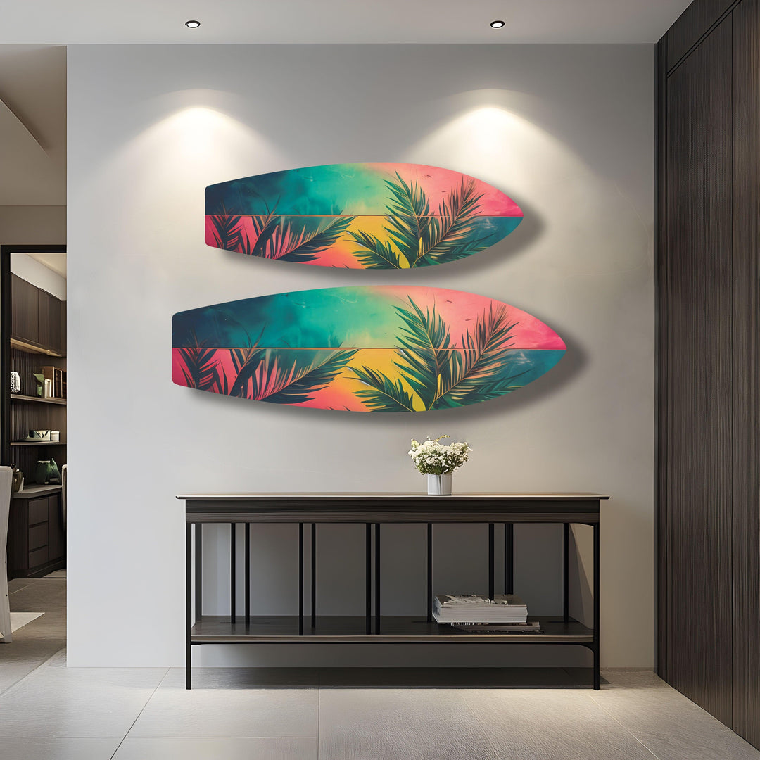 Green Palm Leafs Surfboard Wall Art