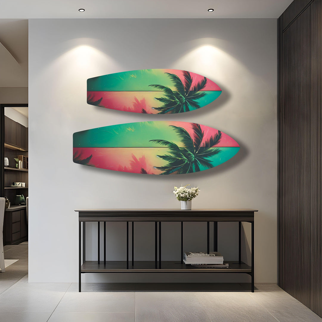 Green & Red Palm Leafs Surfboard Wall Art