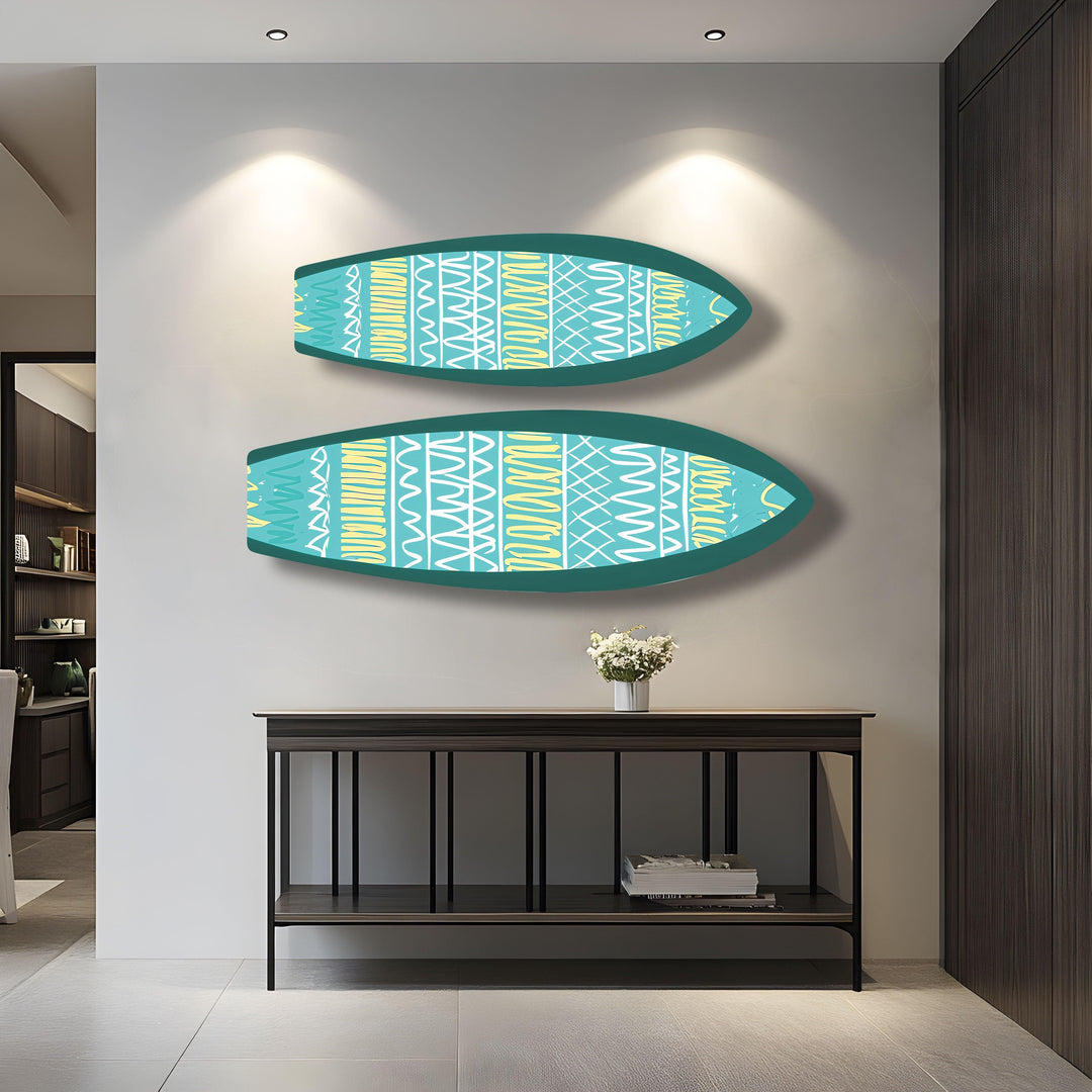 Blue & White Lines Surfboard Wall Art