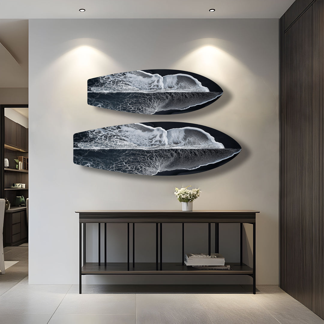 Monochrome Wave Surfboard Wall Art