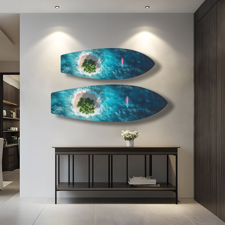 Tropical island oasis displayed in high-resolution glass wall art, perfect for beach lovers.
