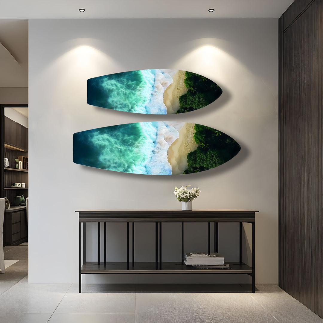 Relaxing beach art showcasing ocean waves and palm trees from an aerial perspective, perfect for beach-inspired rooms.
