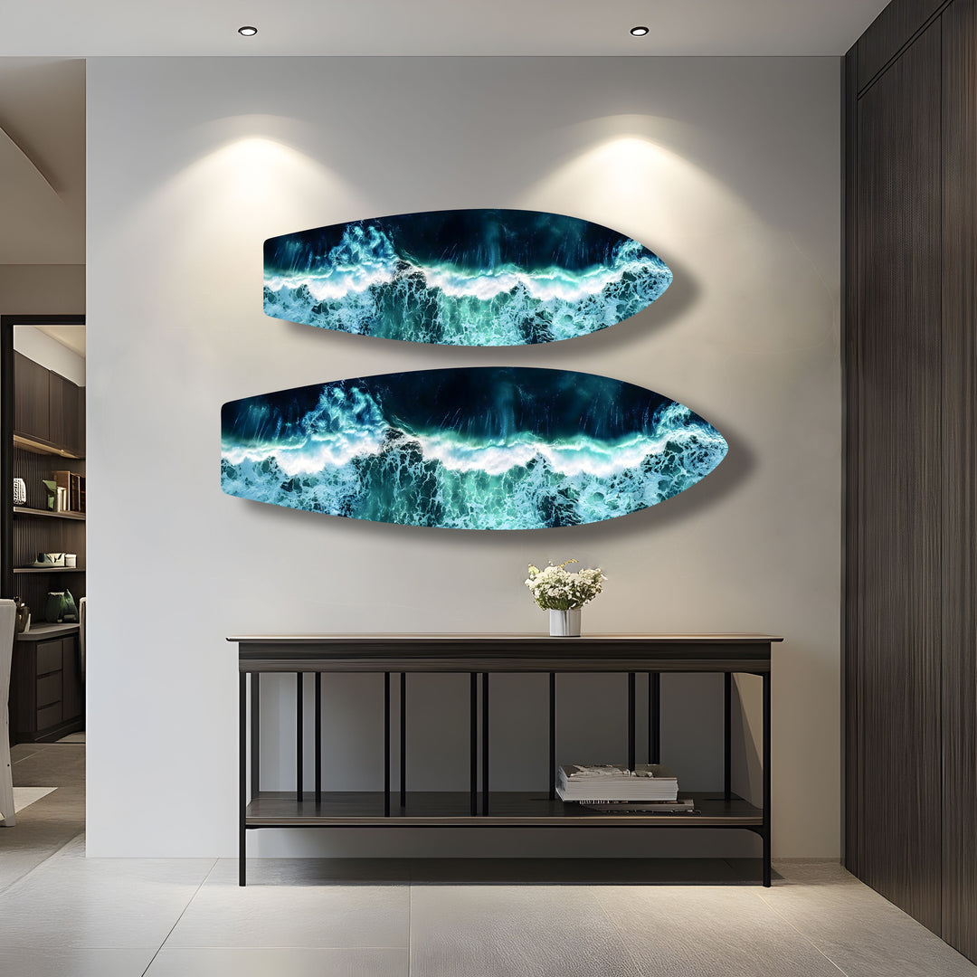 Glass wall art showcasing ocean waves in motion, bringing dynamic energy and coastal beauty to any space.
