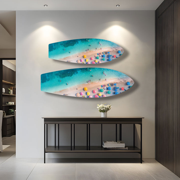 Blue Tropical Beach Surfboard Wall Art