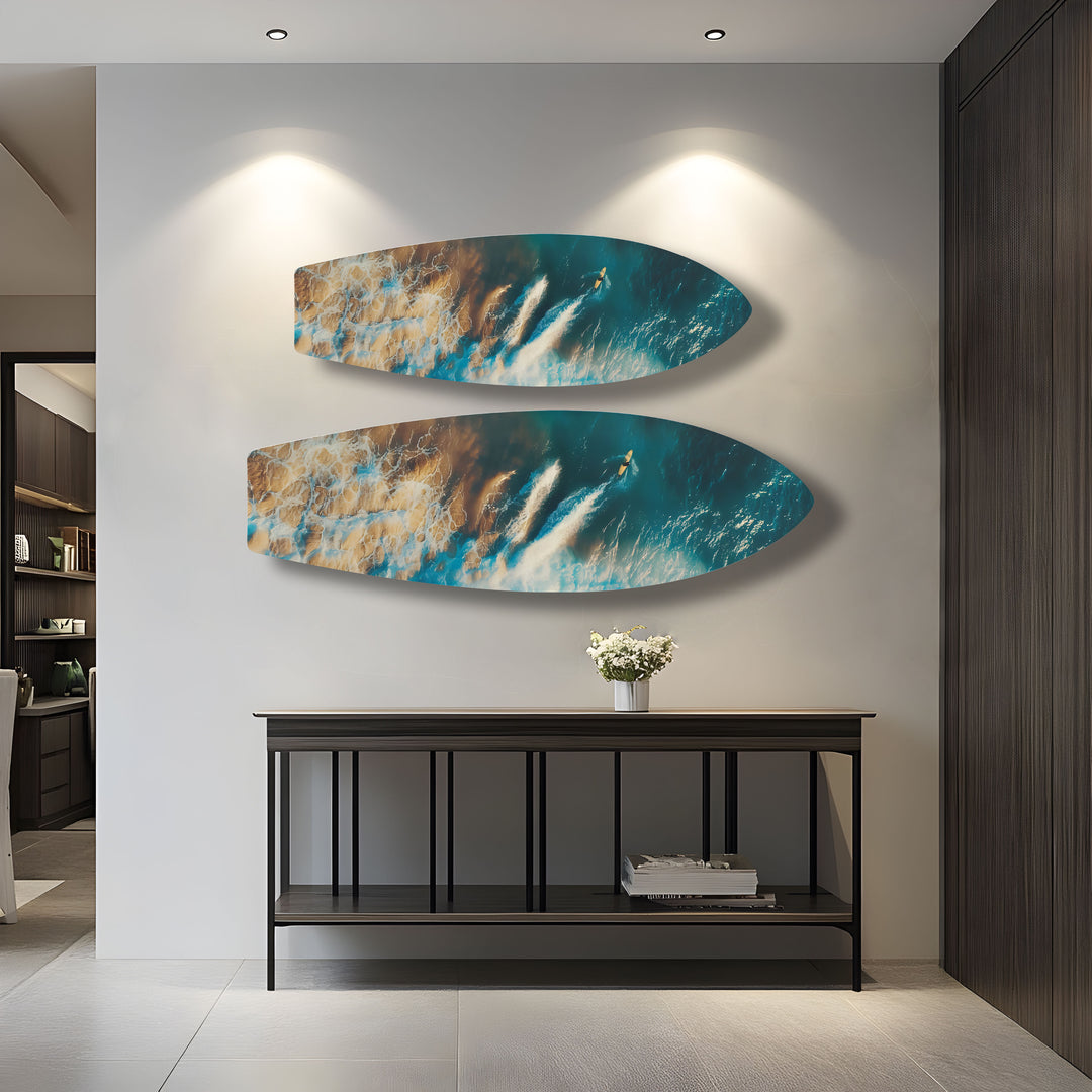 Dynamic glass wall art showcasing the adrenaline rush of surfing on ocean waves.
