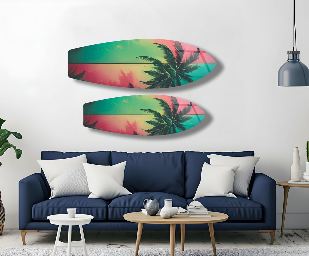 Green & Red Palm Leafs Surfboard Wall Art