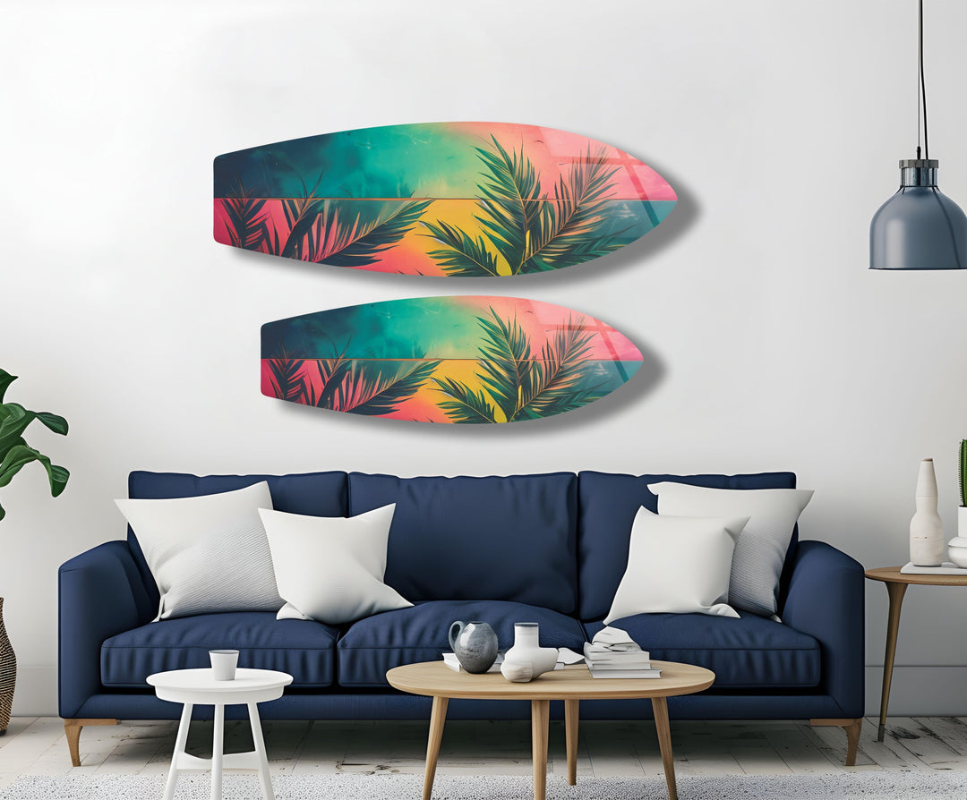 Green Palm Leafs Surfboard Wall Art