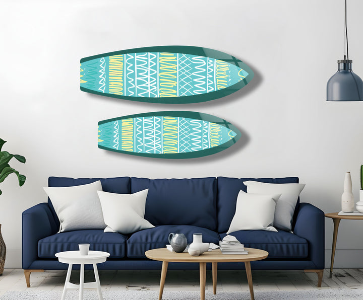 Blue & White Lines Surfboard Wall Art