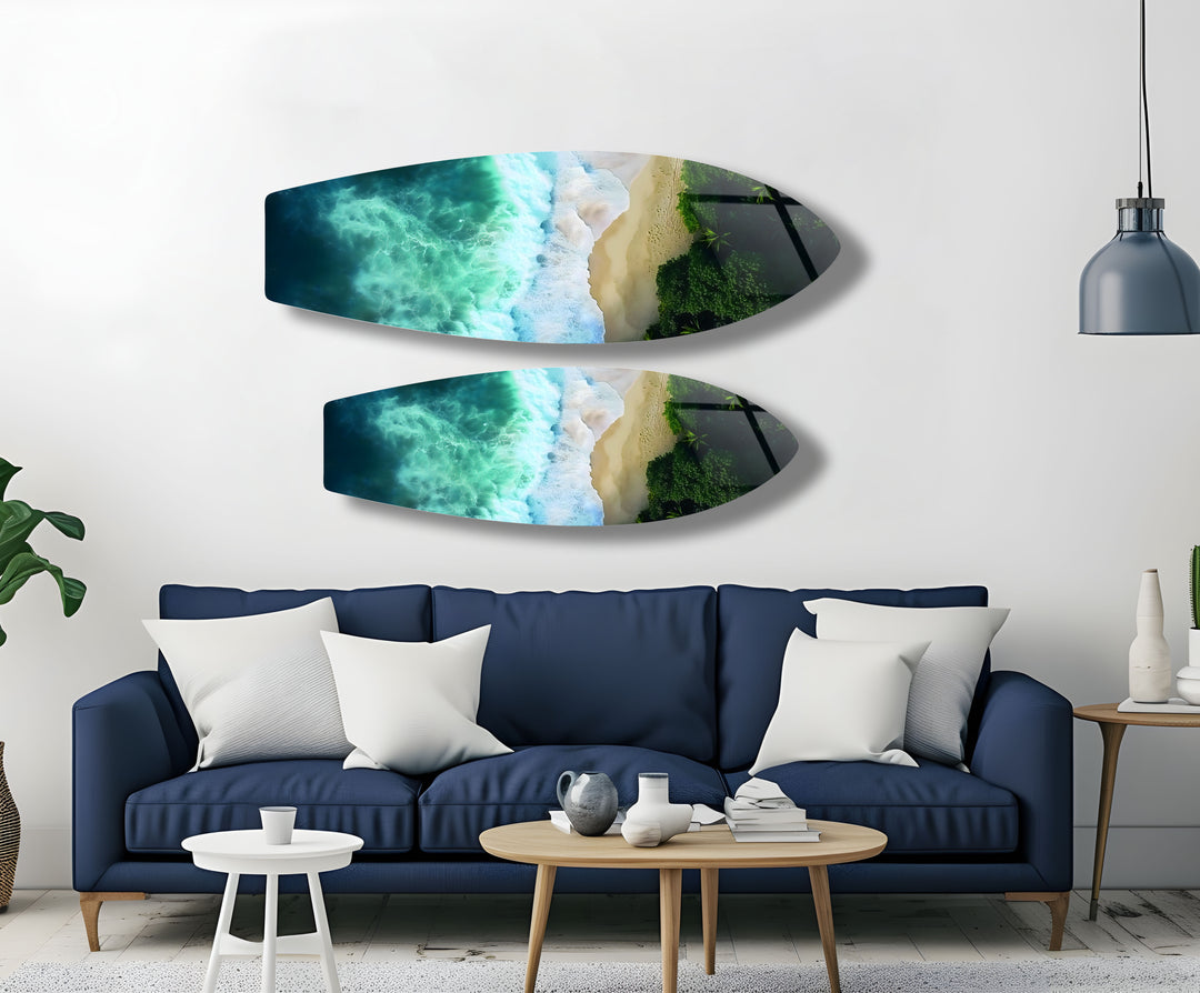 Vivid glass wall art of an ocean wave hitting the beach, bordered by palm trees, offering a serene coastal ambiance.
