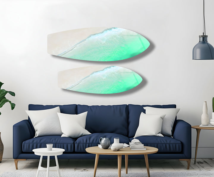 A serene and calming beach scene with ocean waves lapping at the shore, printed on premium glass.
