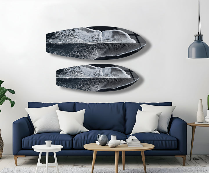 Monochrome Wave Surfboard Wall Art