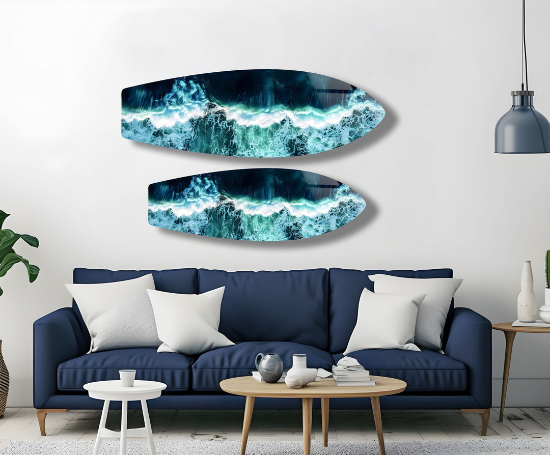 A powerful ocean wave crashing with force, depicted in high-quality glass art.
