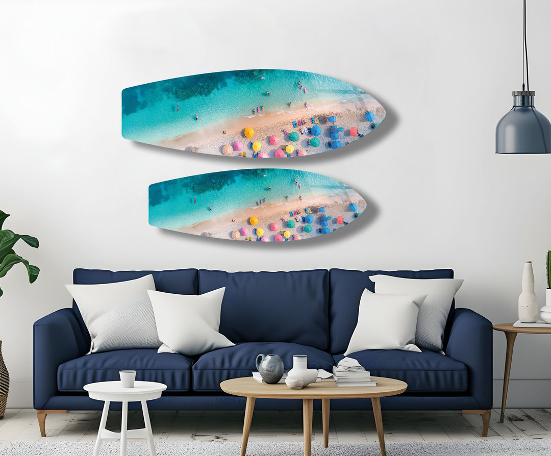 Blue Tropical Beach Surfboard Wall Art