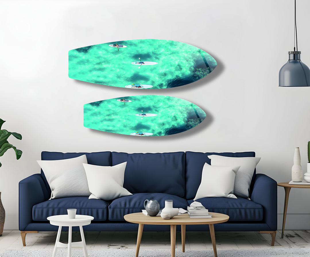 Glass Wall Art of Paddleboarding Serenity: A beautiful ocean view with paddleboarders that evoke peace and calm.
