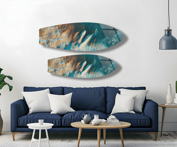 High-energy surf art featuring a skilled surfer riding the ocean waves, printed on durable glass.
