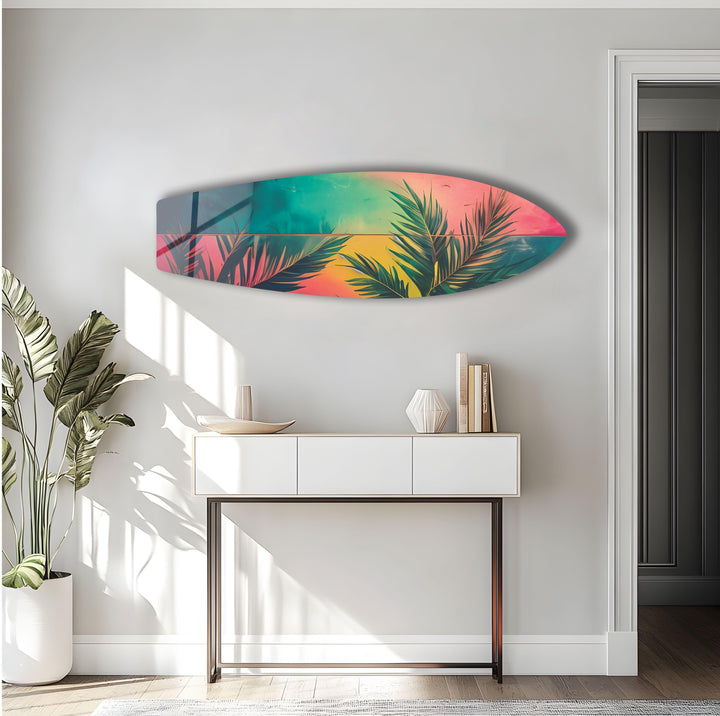 Green Palm Leafs Surfboard Wall Art