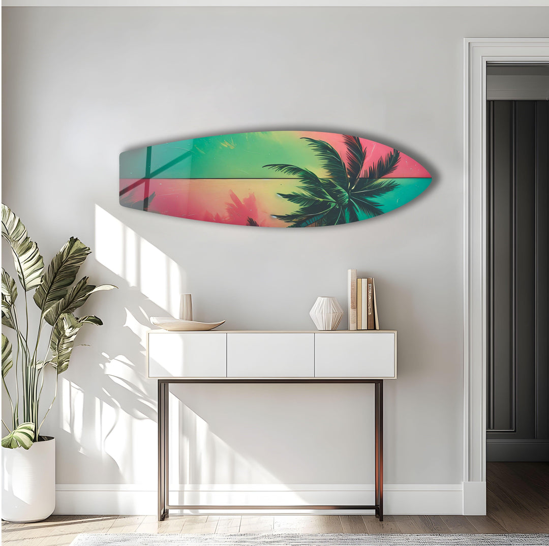 Green & Red Palm Leafs Surfboard Wall Art