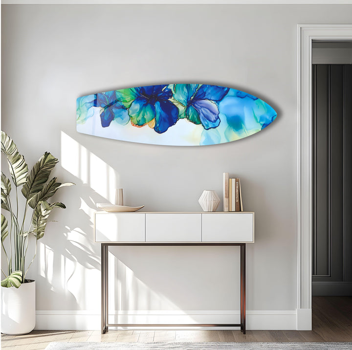 Blue Alcohol Ink Flower Surfboard Wall Art