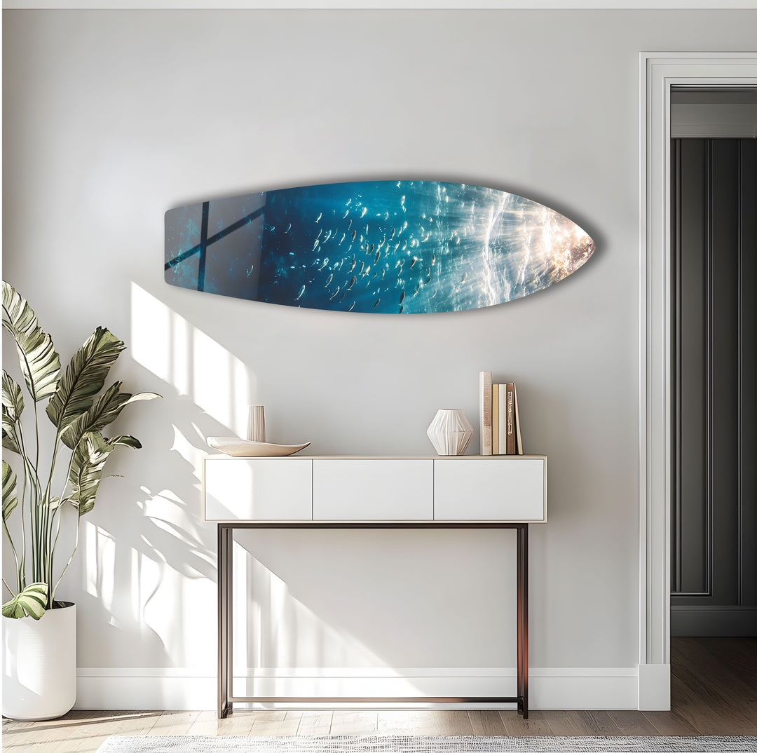 Deep ocean-themed glass wall art capturing the beauty of marine life.
