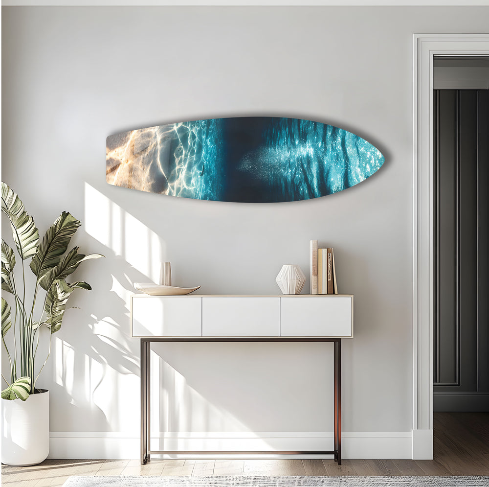 Serene underwater scene with crystal-clear waters and golden sand, printed on tempered glass.
