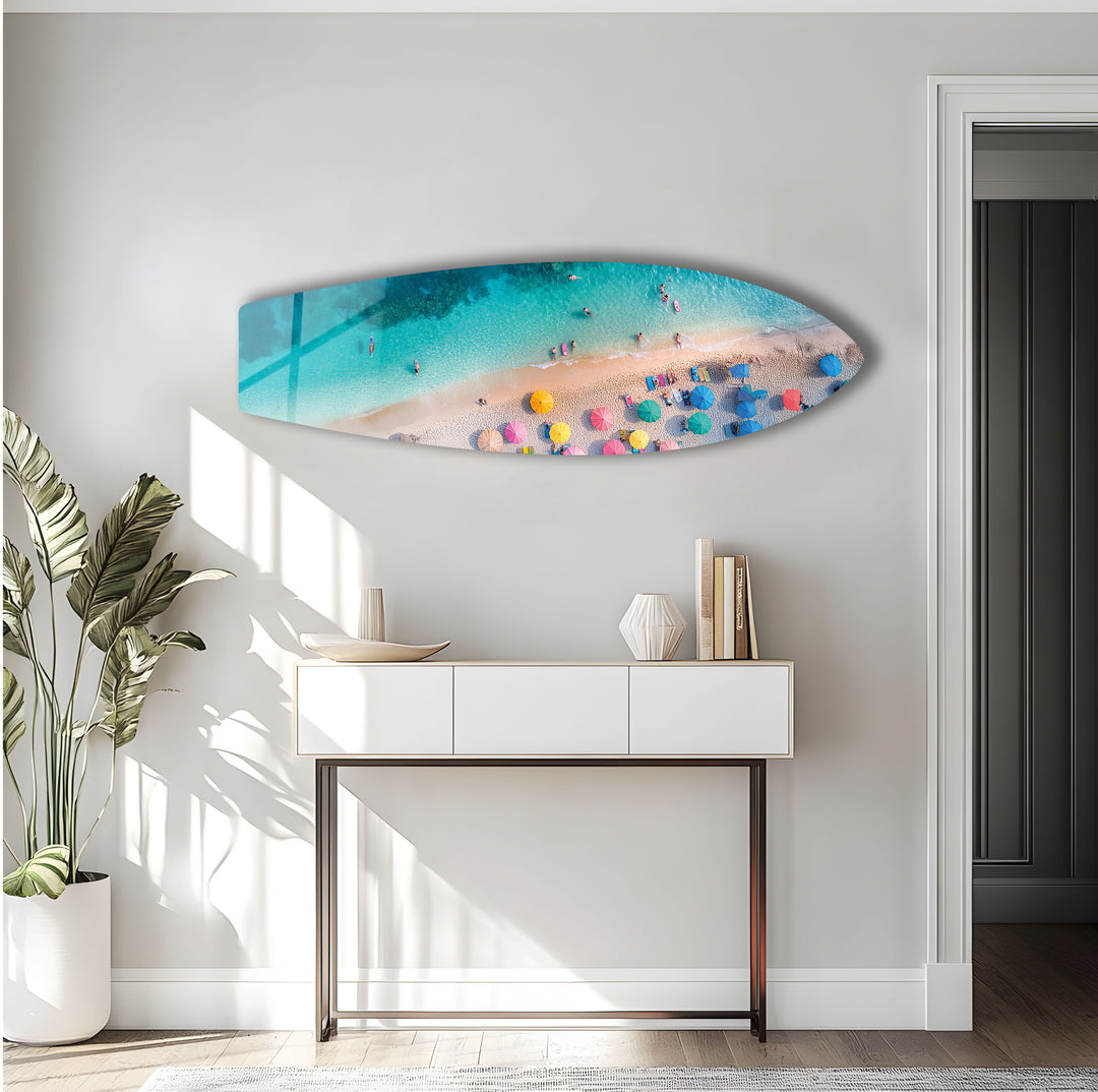 Blue Tropical Beach Surfboard Wall Art