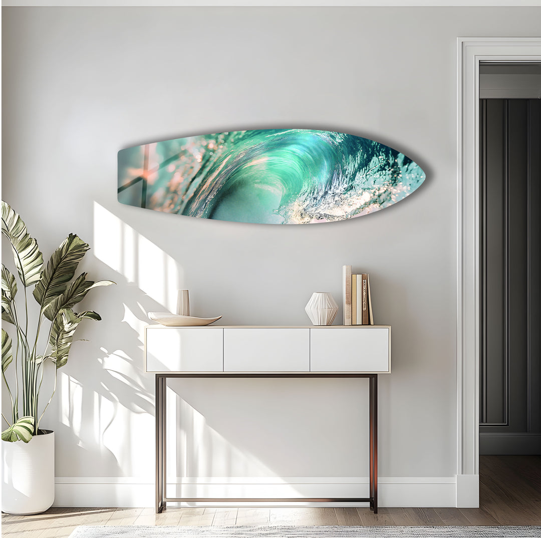 Dynamic ocean wave captured in brilliant detail on glass, adding a splash of coastal beauty.
